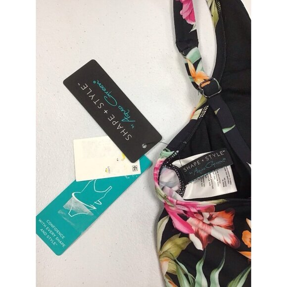 Aqua Green Women's UPF 50 V-Neck Ruched Shaping Swimsuit Black Floral Size 12 💚 - Picture 4 of 5